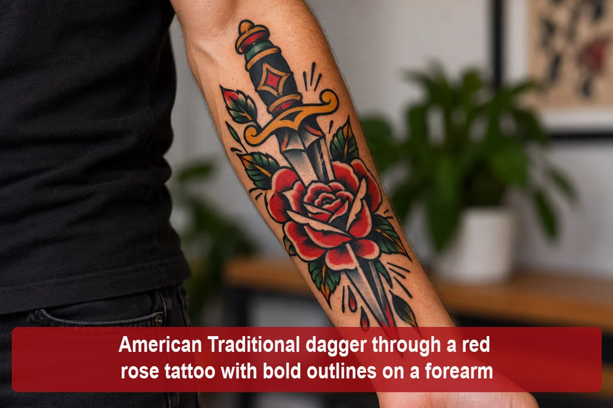 American Traditional dagger through a red rose tattoo with bold outlines on a forearm