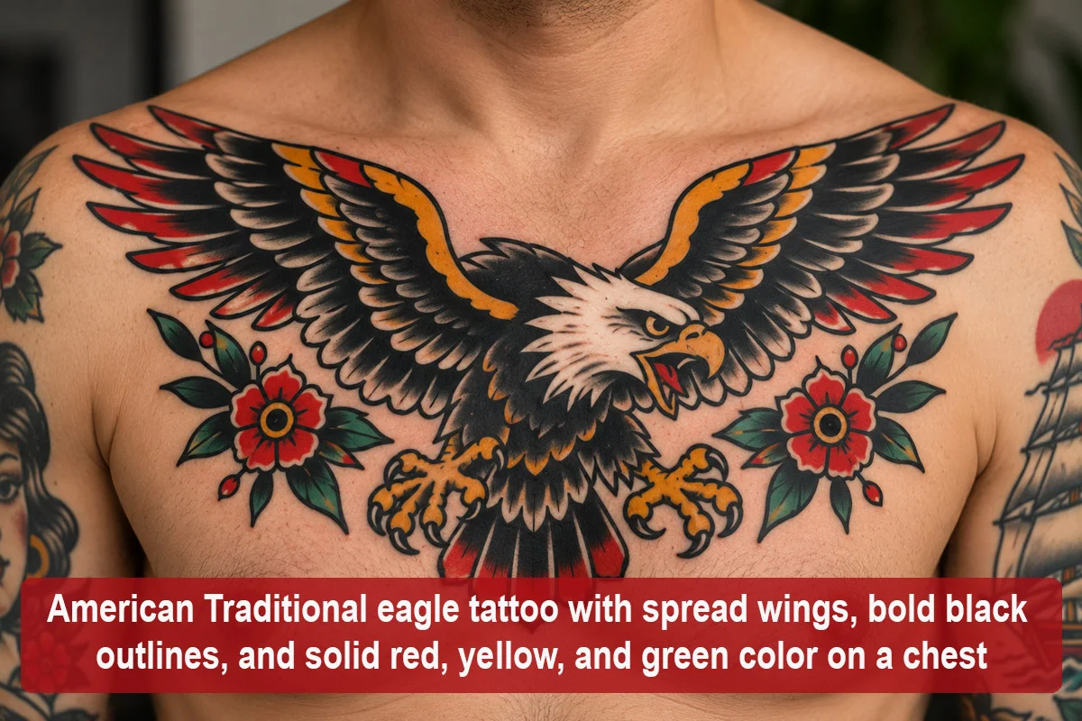 American Traditional eagle tattoo with spread wings, bold black outlines, and solid red, yellow, and green color on a chest