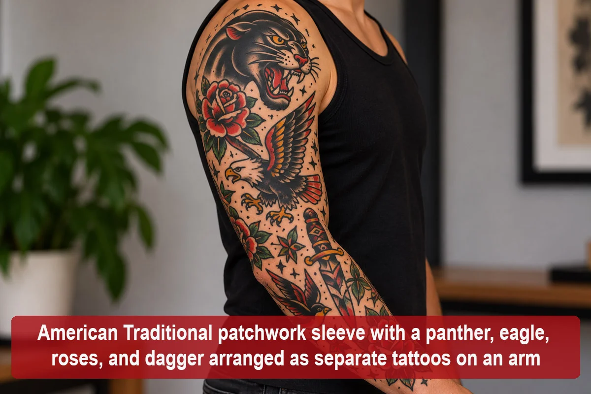 American Traditional patchwork sleeve with a panther, eagle, roses, and dagger arranged as separate tattoos on an arm