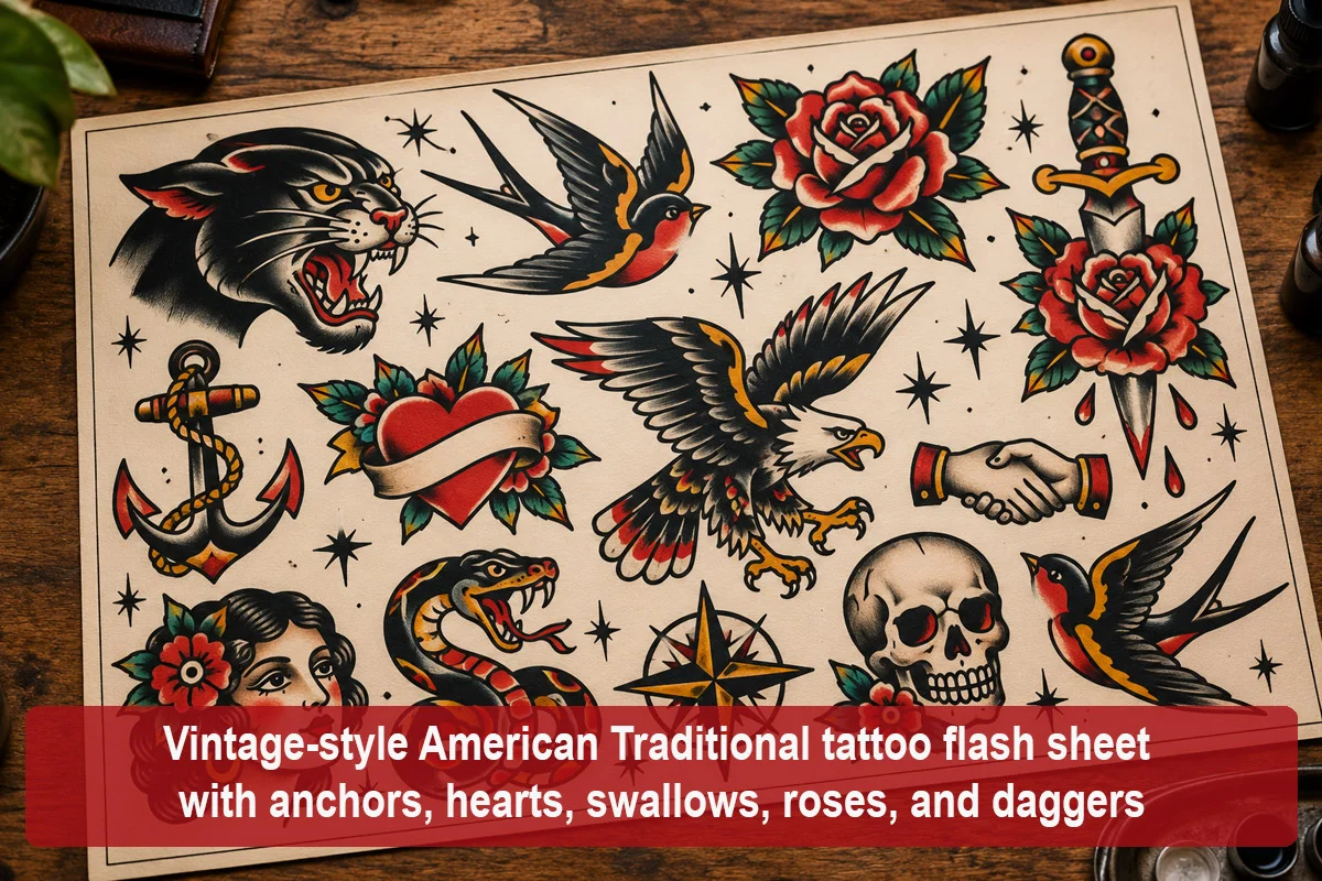 Vintage-style American Traditional tattoo flash sheet with anchors, hearts, swallows, roses, and daggers