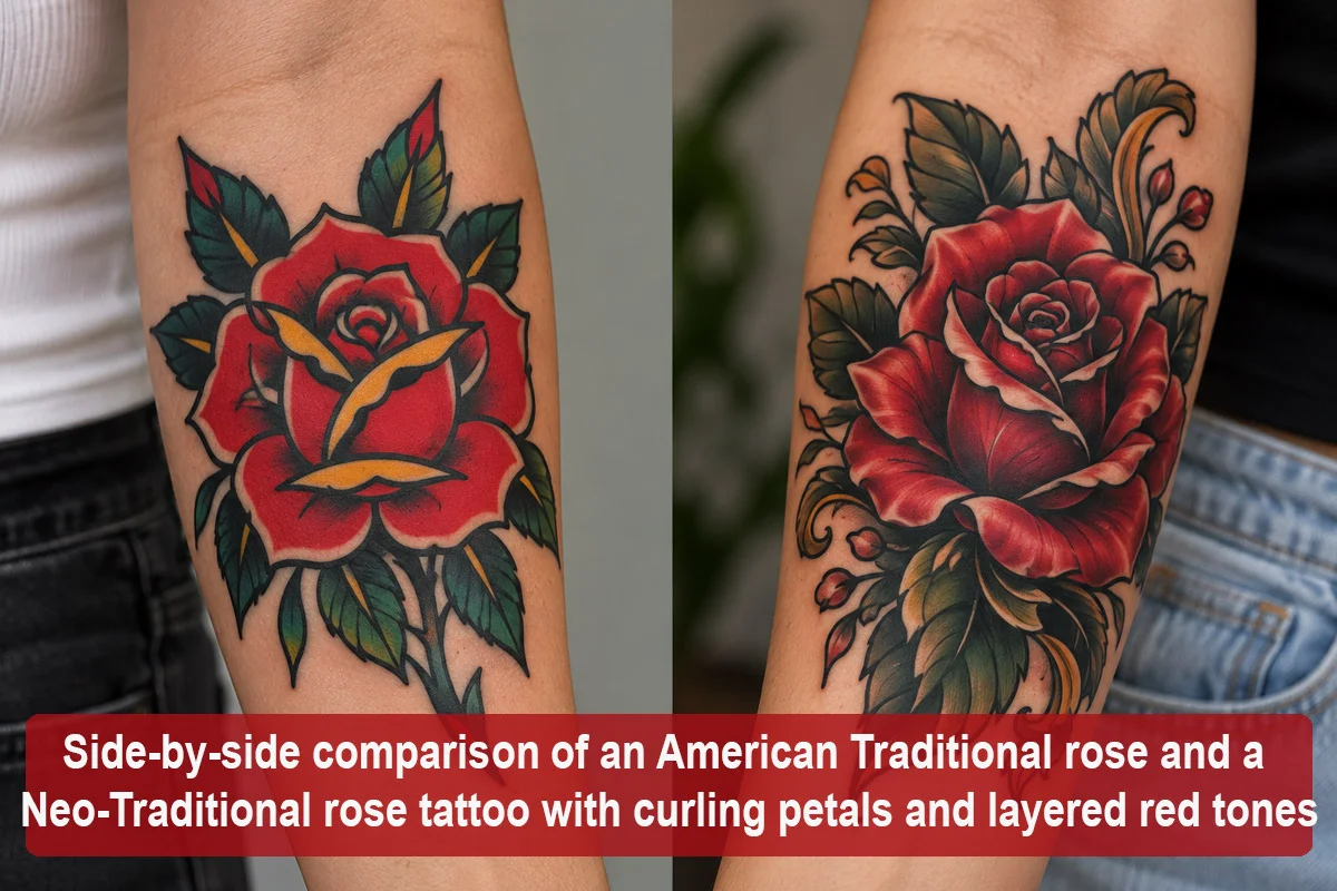 Side-by-side comparison of an American Traditional rose and a Neo-Traditional rose tattoo with curling petals and layered red tones