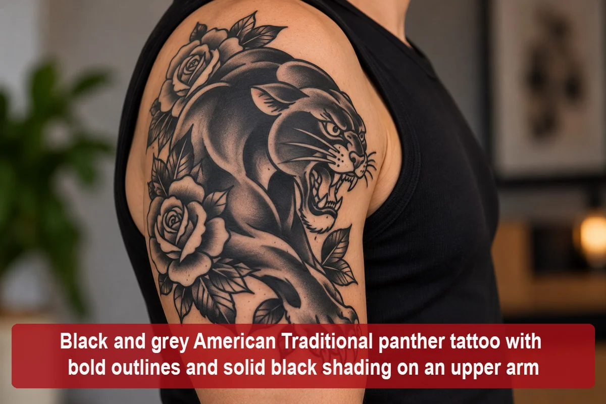 Black and grey American Traditional panther tattoo with bold outlines and solid black shading on an upper arm