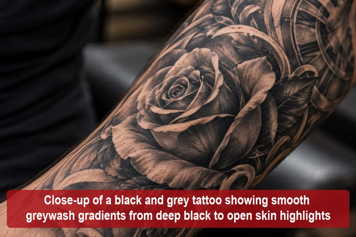 Close-up of a black and grey tattoo showing smooth greywash gradients from deep black to open skin highlights