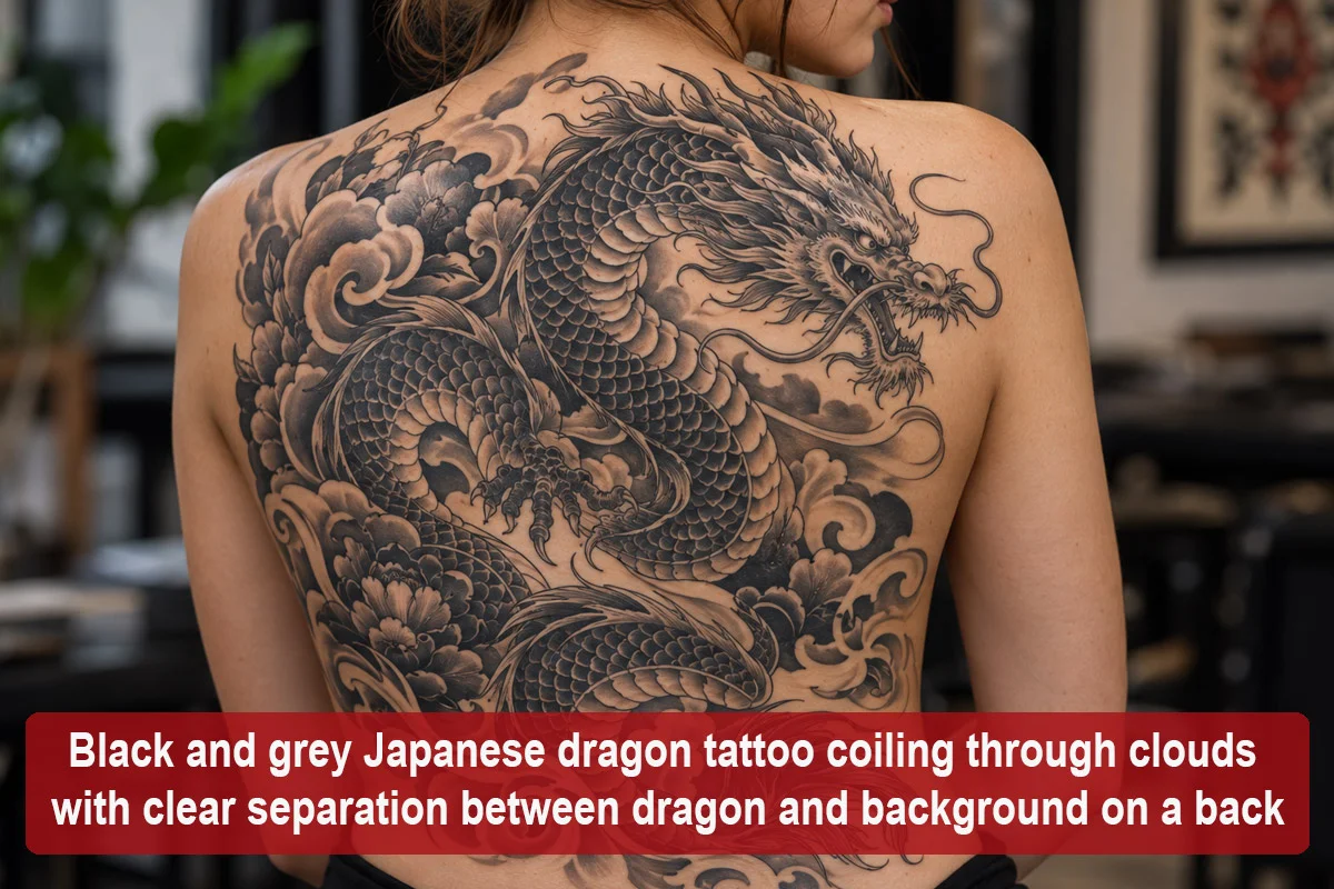 Black and grey Japanese dragon tattoo coiling through clouds with clear separation between dragon and background on a back
