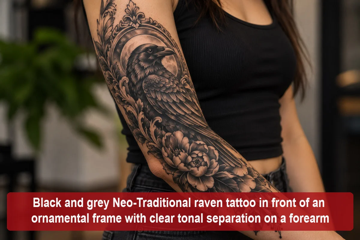 Black and grey Neo-Traditional raven tattoo in front of an ornamental frame with clear tonal separation on a forearm