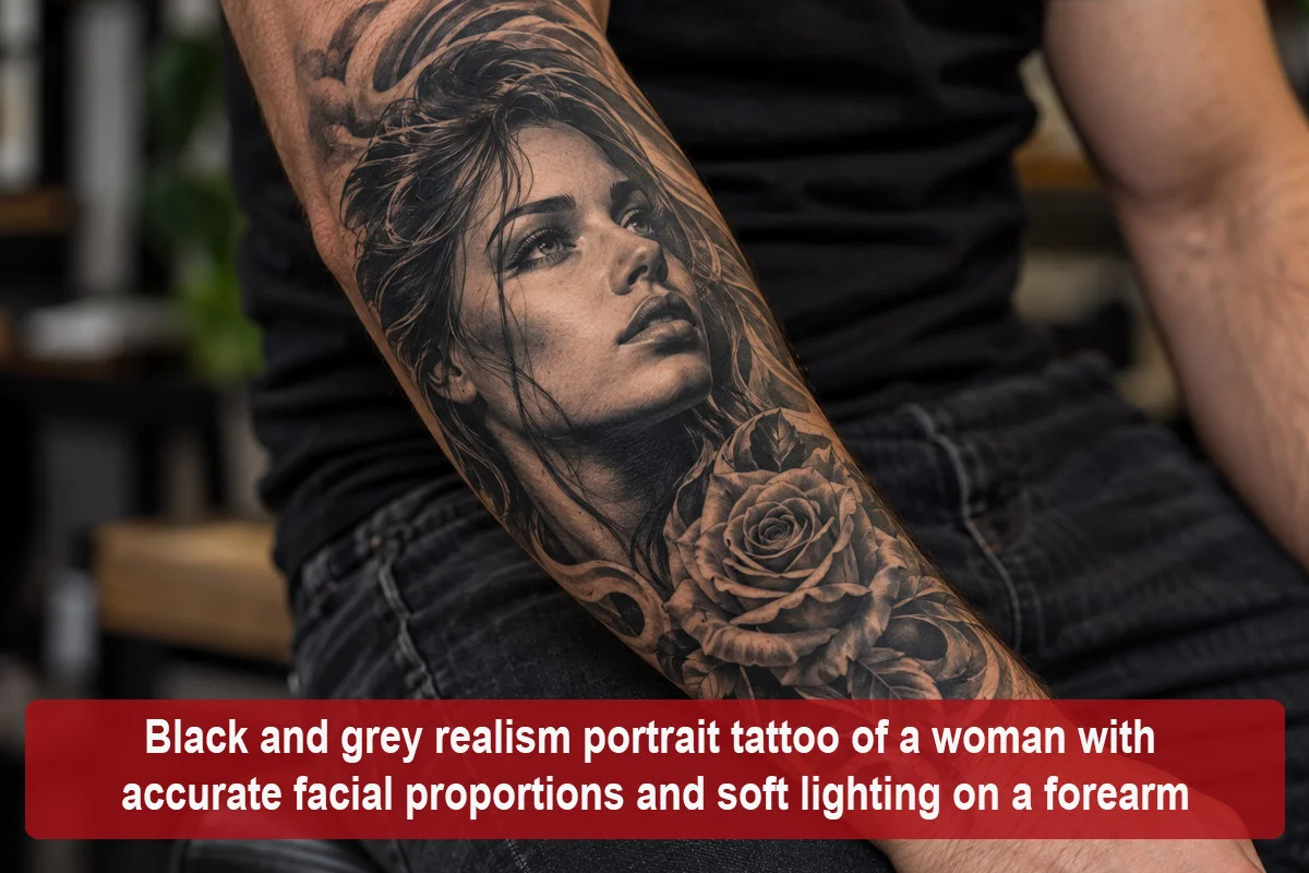 Black and grey realism portrait tattoo of a woman with accurate facial proportions and soft lighting on a forearm