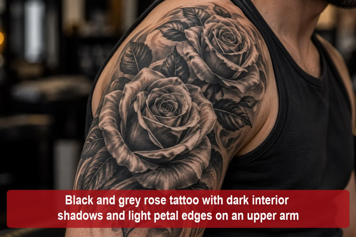 Black and grey rose tattoo with dark interior shadows and light petal edges on an upper arm