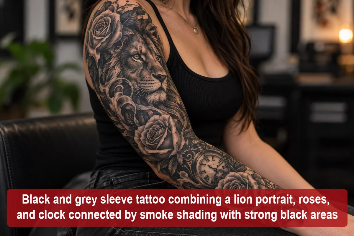 Black and grey sleeve tattoo combining a lion portrait, roses, and clock connected by smoke shading with strong black areas
