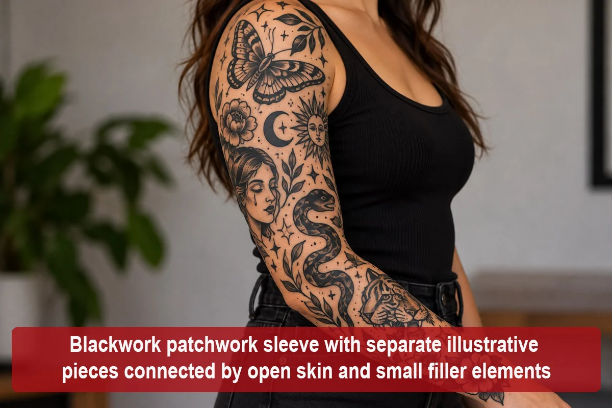 Blackwork patchwork sleeve with separate illustrative pieces connected by open skin and small filler elements