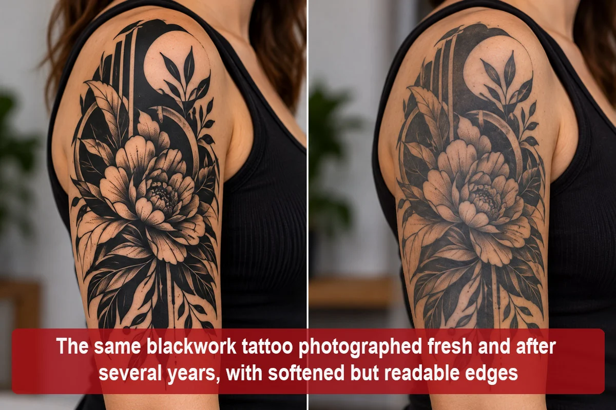 The same blackwork tattoo photographed fresh and after several years, with softened but readable edges