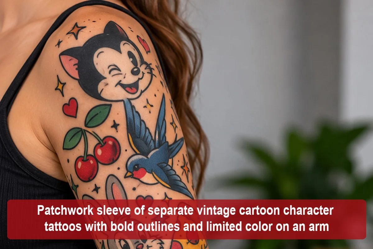Patchwork sleeve of separate vintage cartoon character tattoos with bold outlines and limited color on an arm