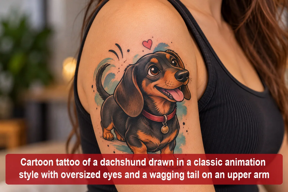 Cartoon tattoo of a dachshund drawn in a classic animation style with oversized eyes and a wagging tail on an upper arm