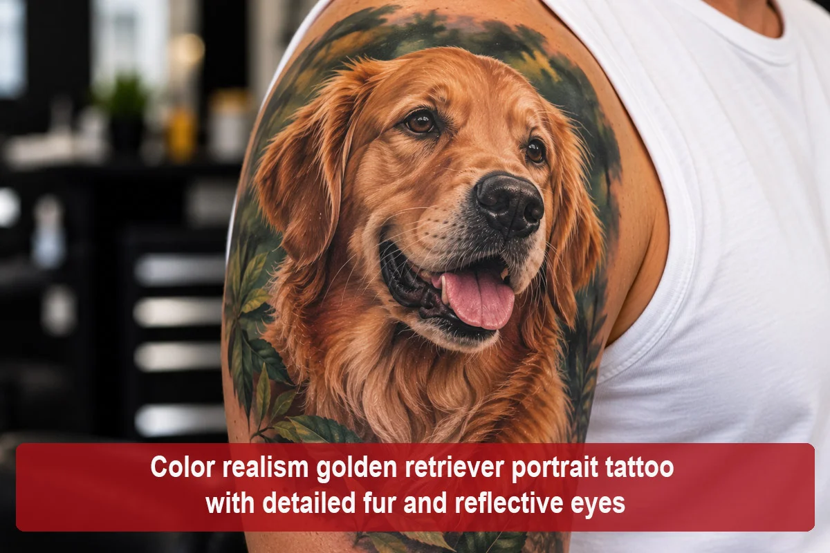 Color realism golden retriever portrait tattoo with detailed fur and reflective eyes