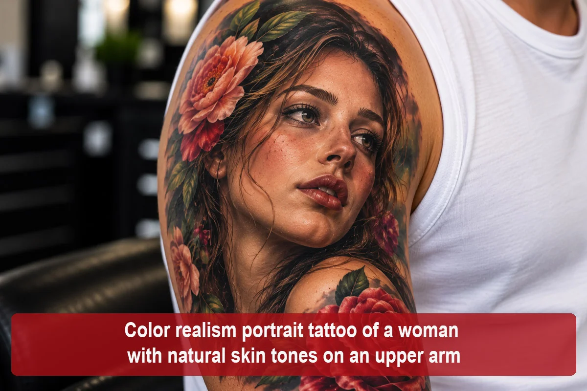 Color realism portrait tattoo of a woman with natural skin tones on an upper arm