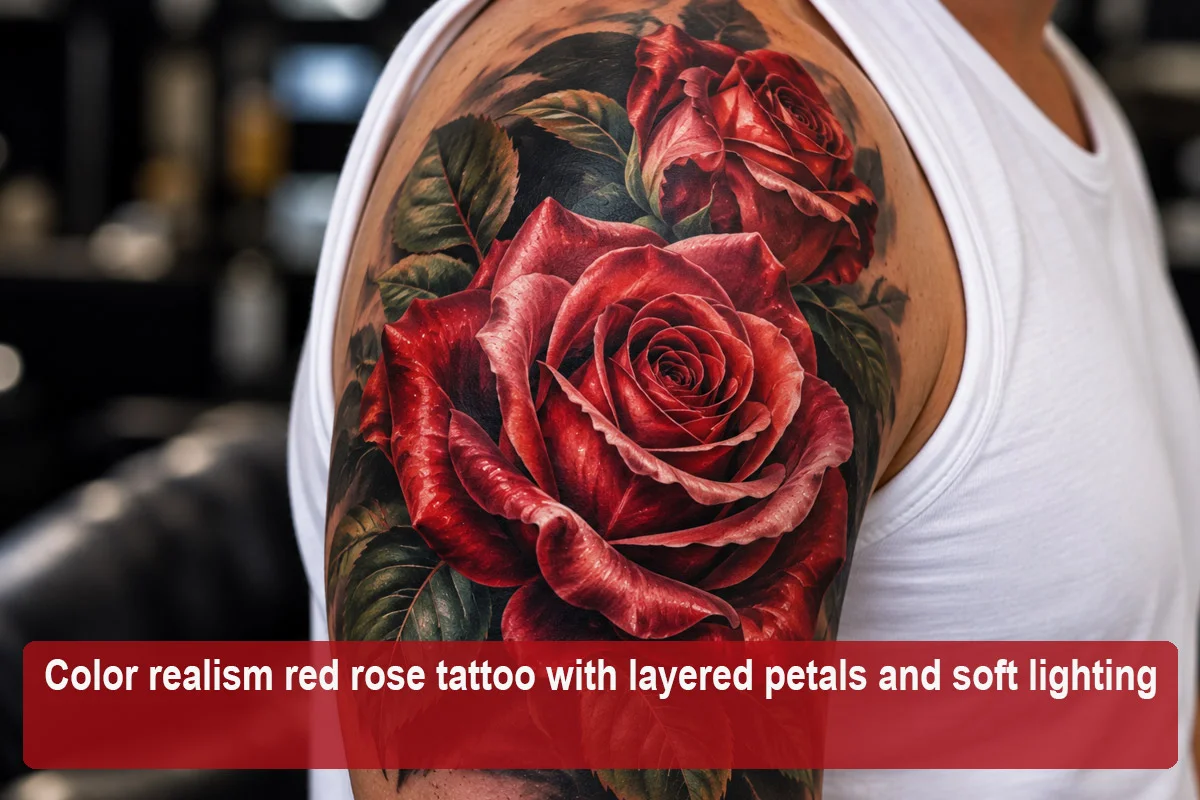 Color realism red rose tattoo with layered petals and soft lighting