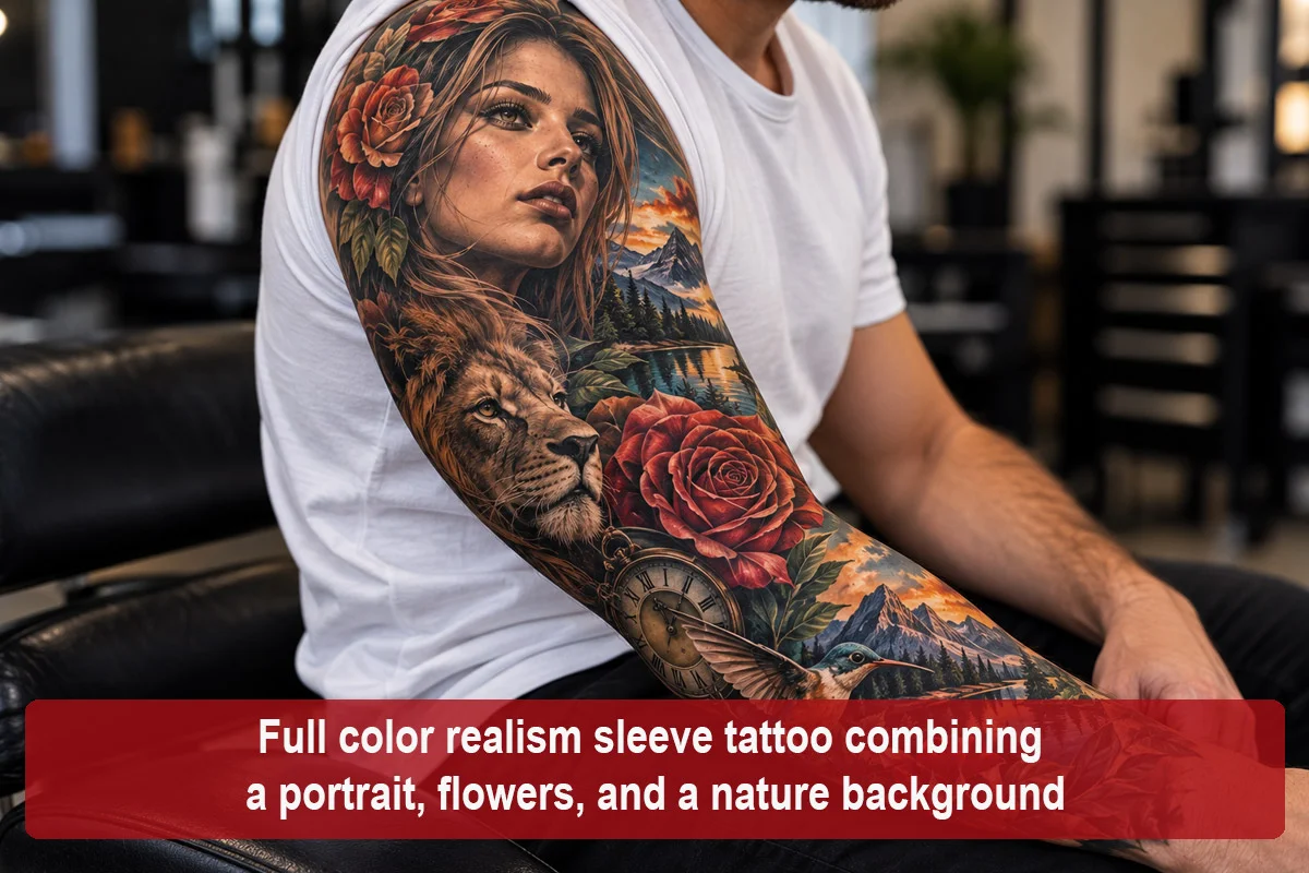 Full color realism sleeve tattoo combining a portrait, flowers, and a nature background