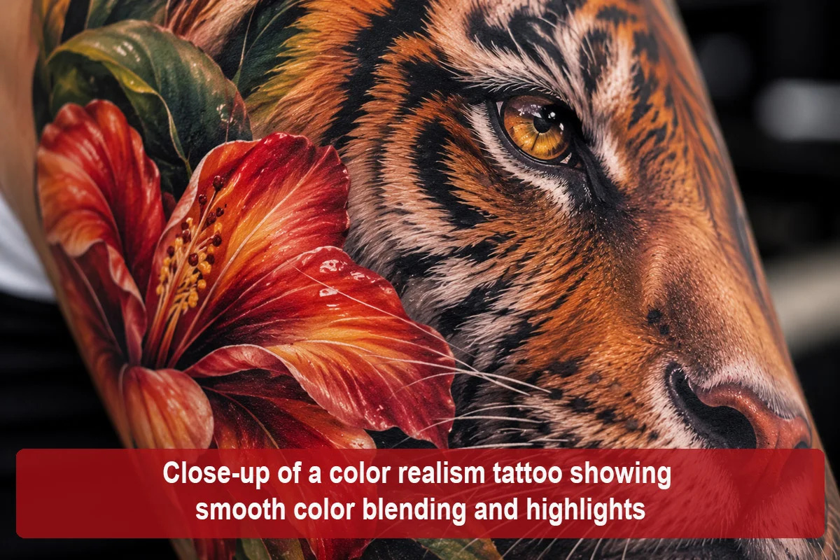 Close-up of a color realism tattoo showing smooth color blending and highlights
