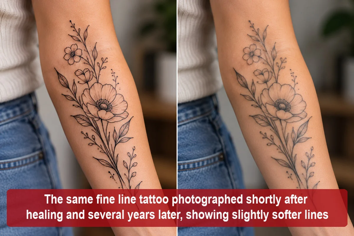 The same fine line tattoo photographed shortly after healing and several years later, showing slightly softer lines