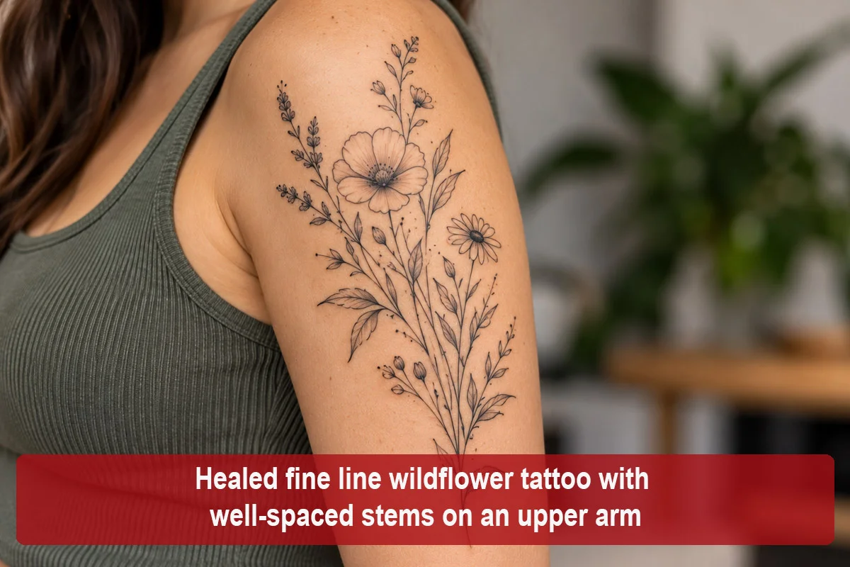 Healed fine line wildflower tattoo with well-spaced stems on an upper arm