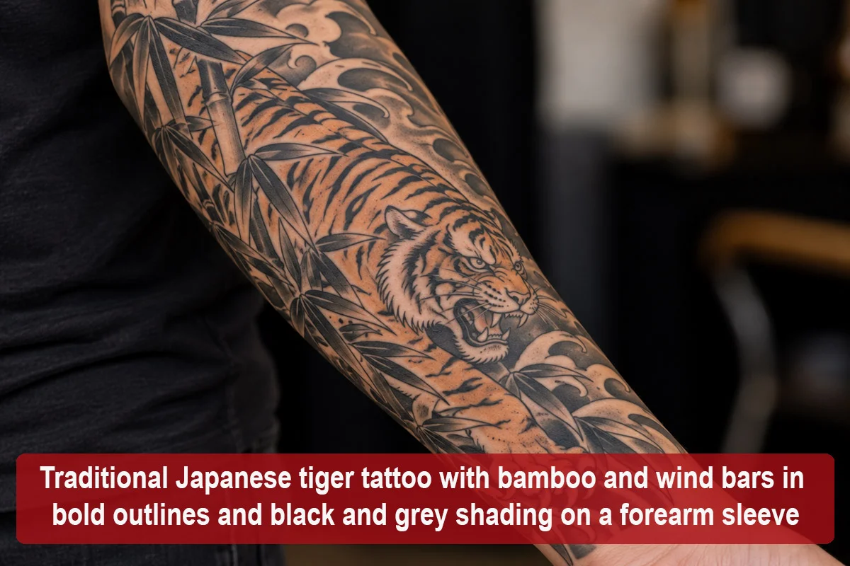 Traditional Japanese tiger tattoo with bamboo and wind bars in bold outlines and black and grey shading on a forearm sleeve
