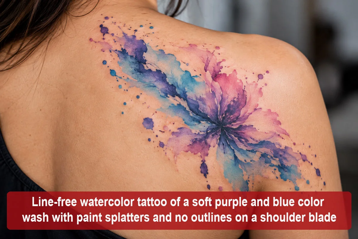 Line-free watercolor tattoo of a soft purple and blue color wash with paint splatters and no outlines on a shoulder blade