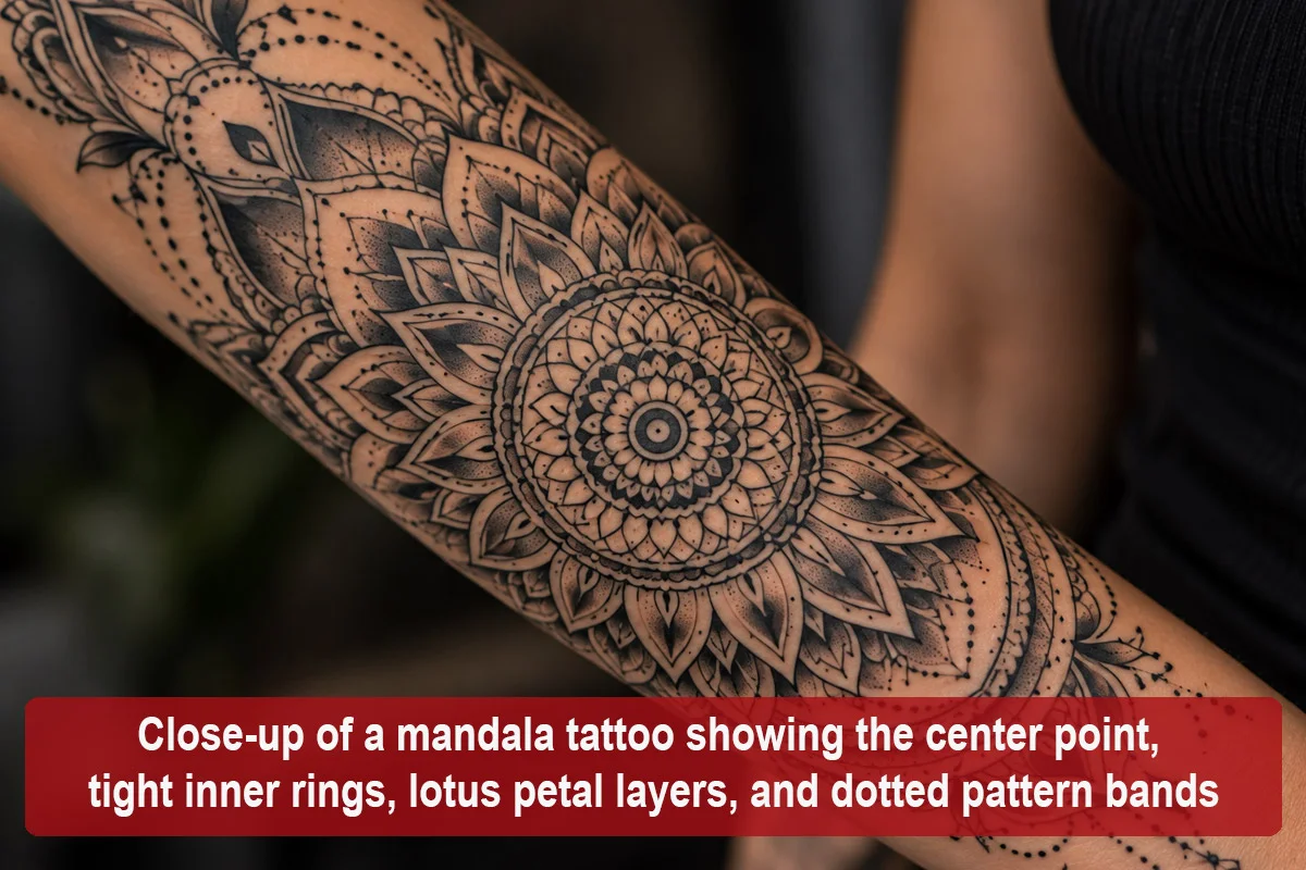 Close-up of a mandala tattoo showing the center point, tight inner rings, lotus petal layers, and dotted pattern bands
