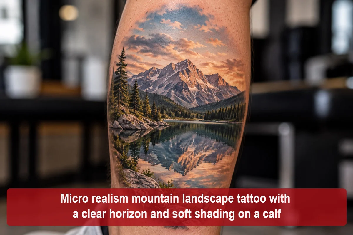 Micro realism mountain landscape tattoo with a clear horizon and soft shading on a calf