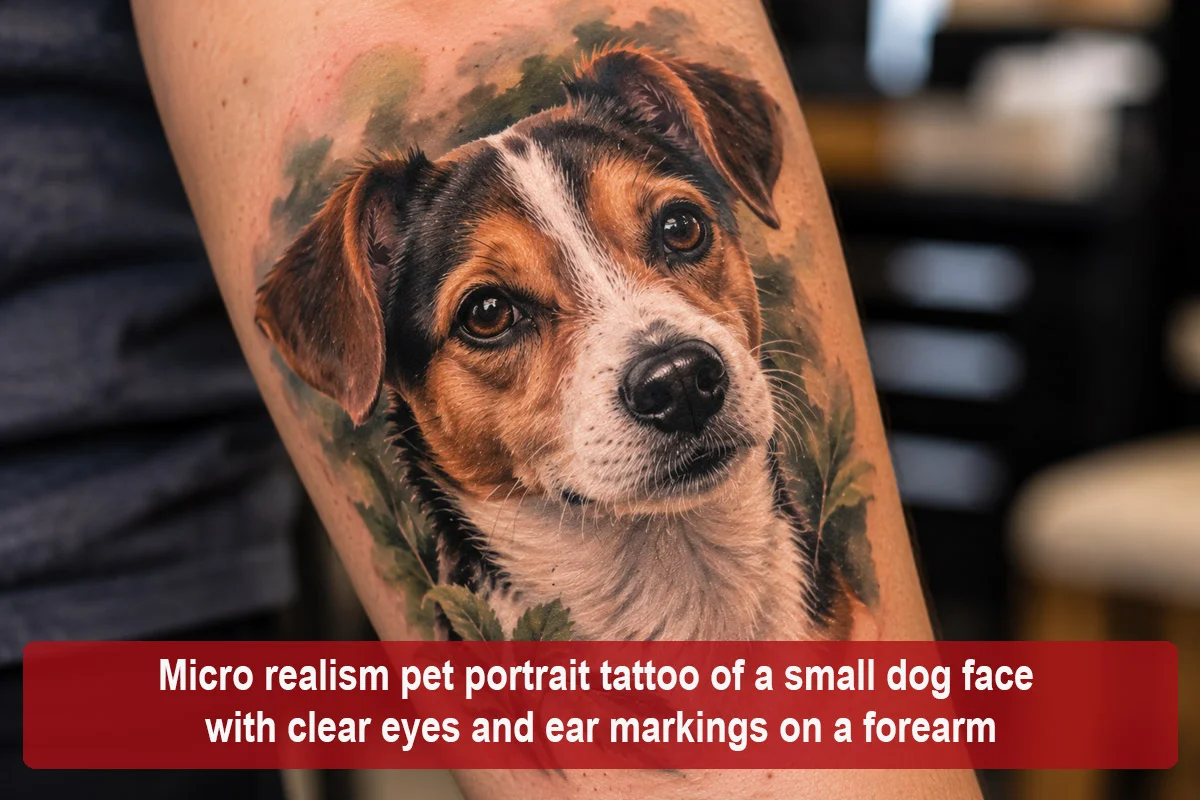 Micro realism pet portrait tattoo of a small dog face with clear eyes and ear markings on a forearm