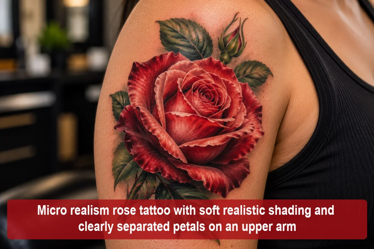 Micro realism rose tattoo with soft realistic shading and clearly separated petals on an upper arm
