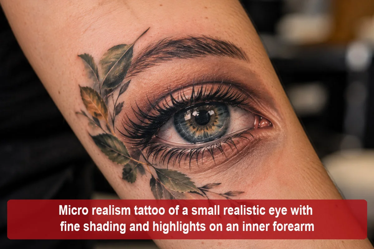 Micro realism tattoo of a small realistic eye with fine shading and highlights on an inner forearm