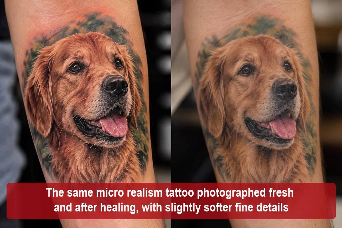 The same micro realism tattoo photographed fresh and after healing, with slightly softer fine details