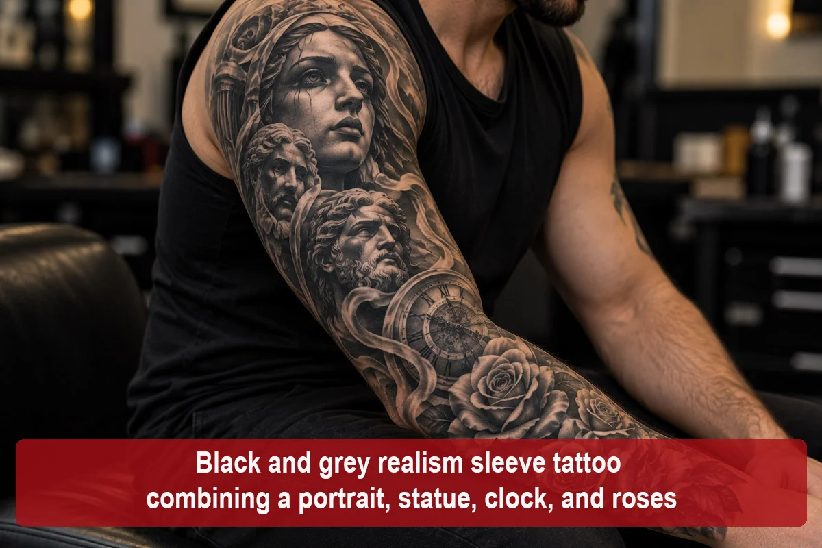 Black and grey realism sleeve tattoo combining a portrait, statue, clock, and roses