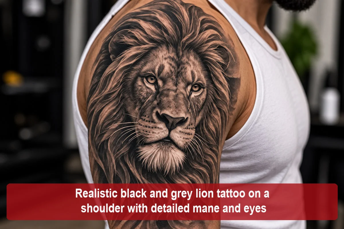 Realistic black and grey lion tattoo on a shoulder with detailed mane and eyes
