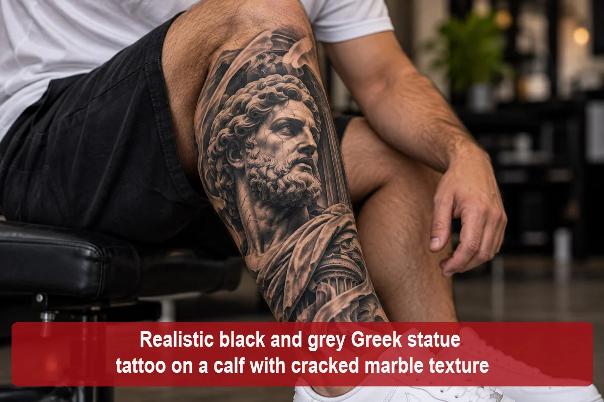 Realistic black and grey Greek statue tattoo on a calf with cracked marble texture