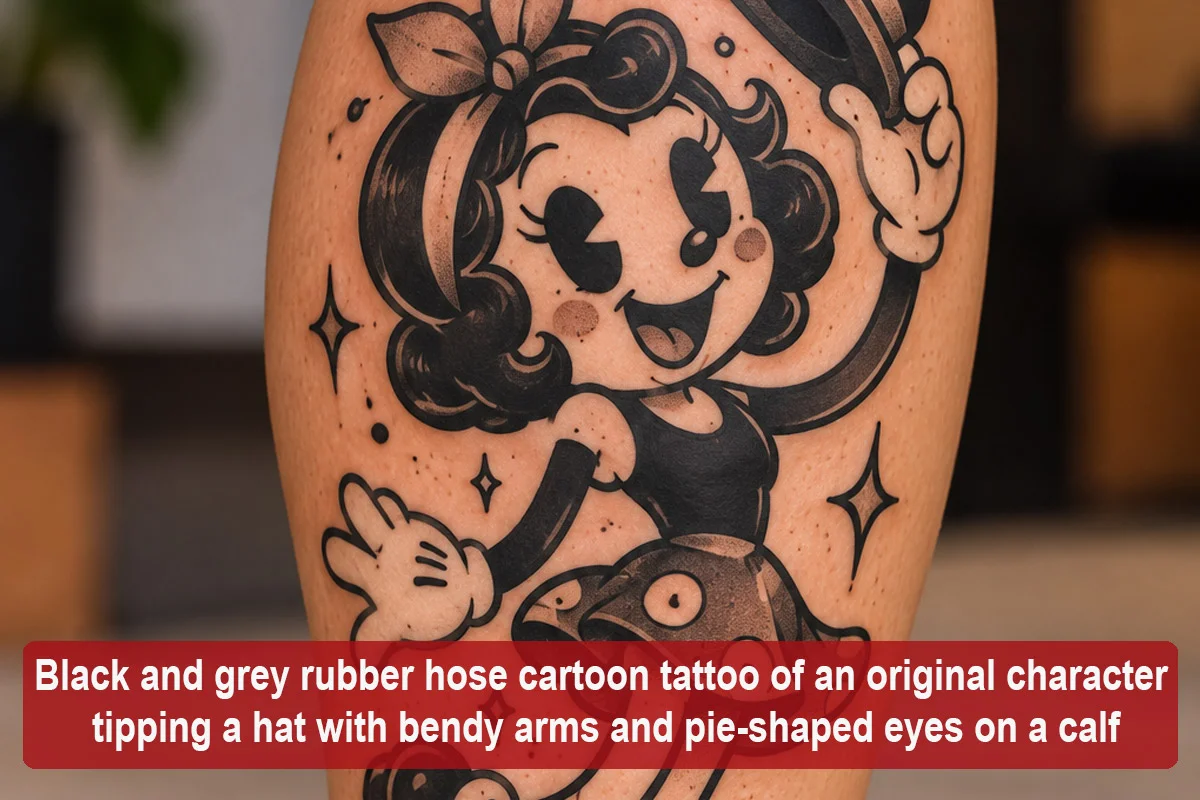 Black and grey rubber hose cartoon tattoo of an original character tipping a hat with bendy arms and pie-shaped eyes on a calf
