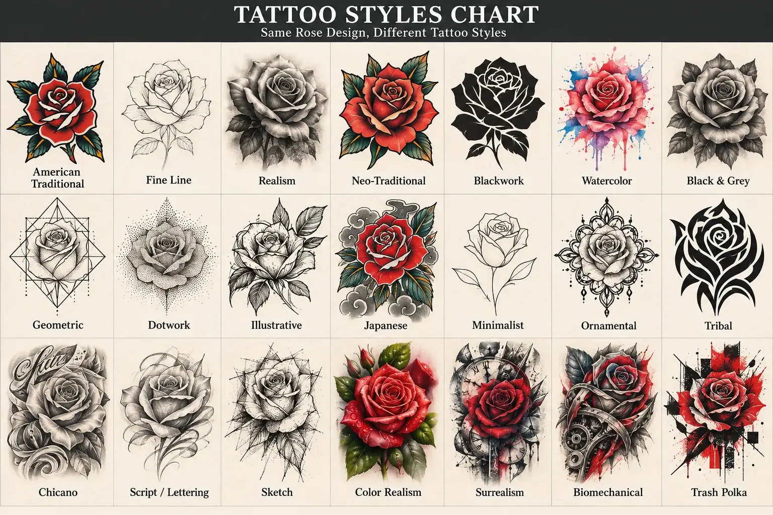 Tattoo styles chart showing a rose tattooed in American Traditional, Fine Line, Realism, Neo-Traditional, Blackwork, Watercolor and other styles