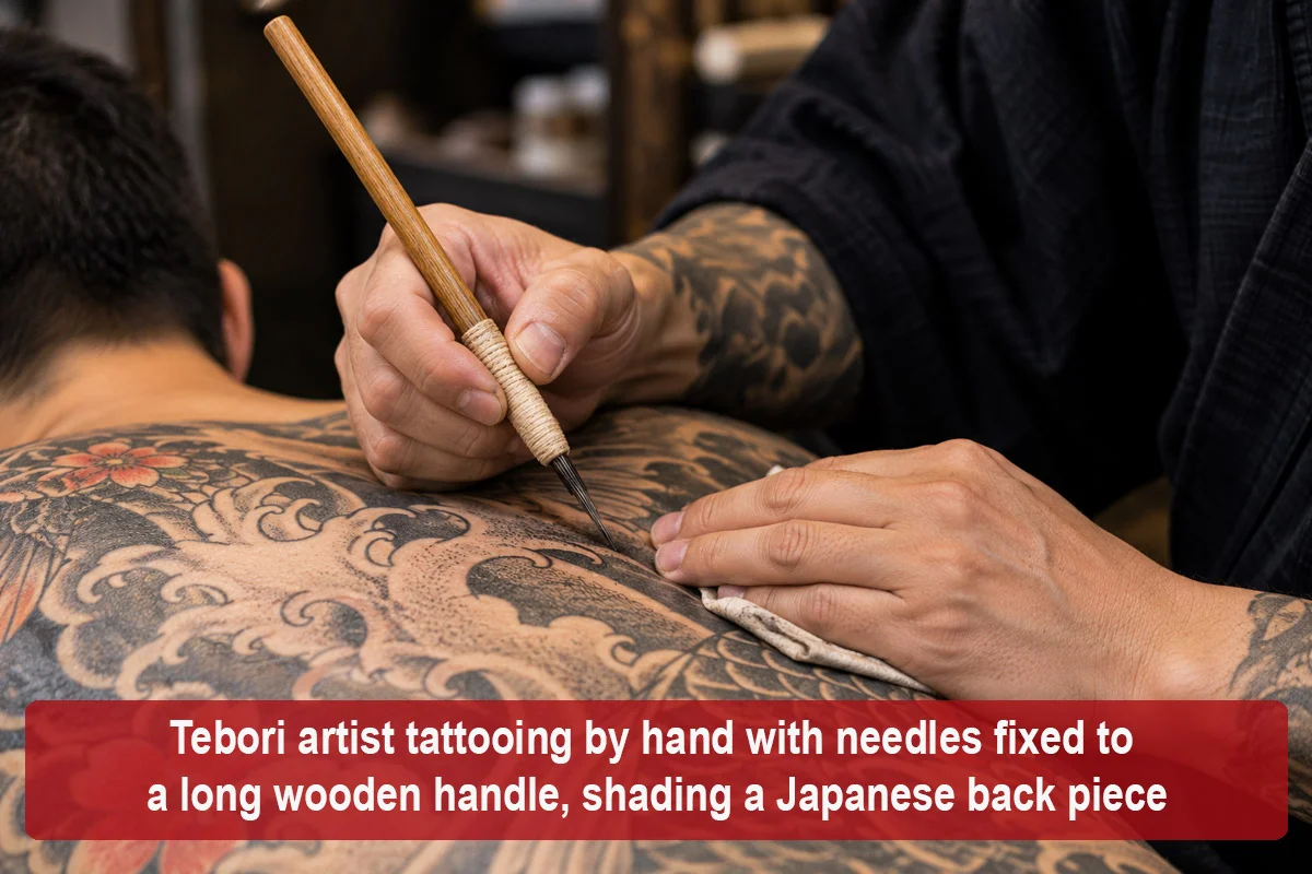 Tebori artist tattooing by hand with needles fixed to a long wooden handle, shading a Japanese back piece