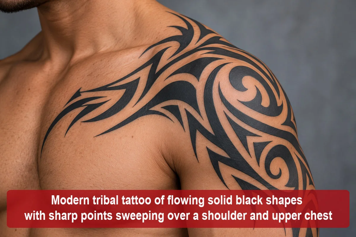 Modern tribal tattoo of flowing solid black shapes with sharp points sweeping over a shoulder and upper chest