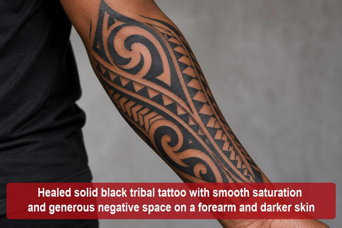 Healed solid black tribal tattoo with smooth saturation and generous negative space on a forearm and darker skin