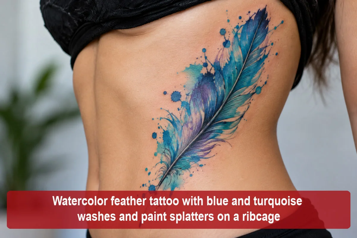 Watercolor feather tattoo with blue and turquoise washes and paint splatters on a ribcage