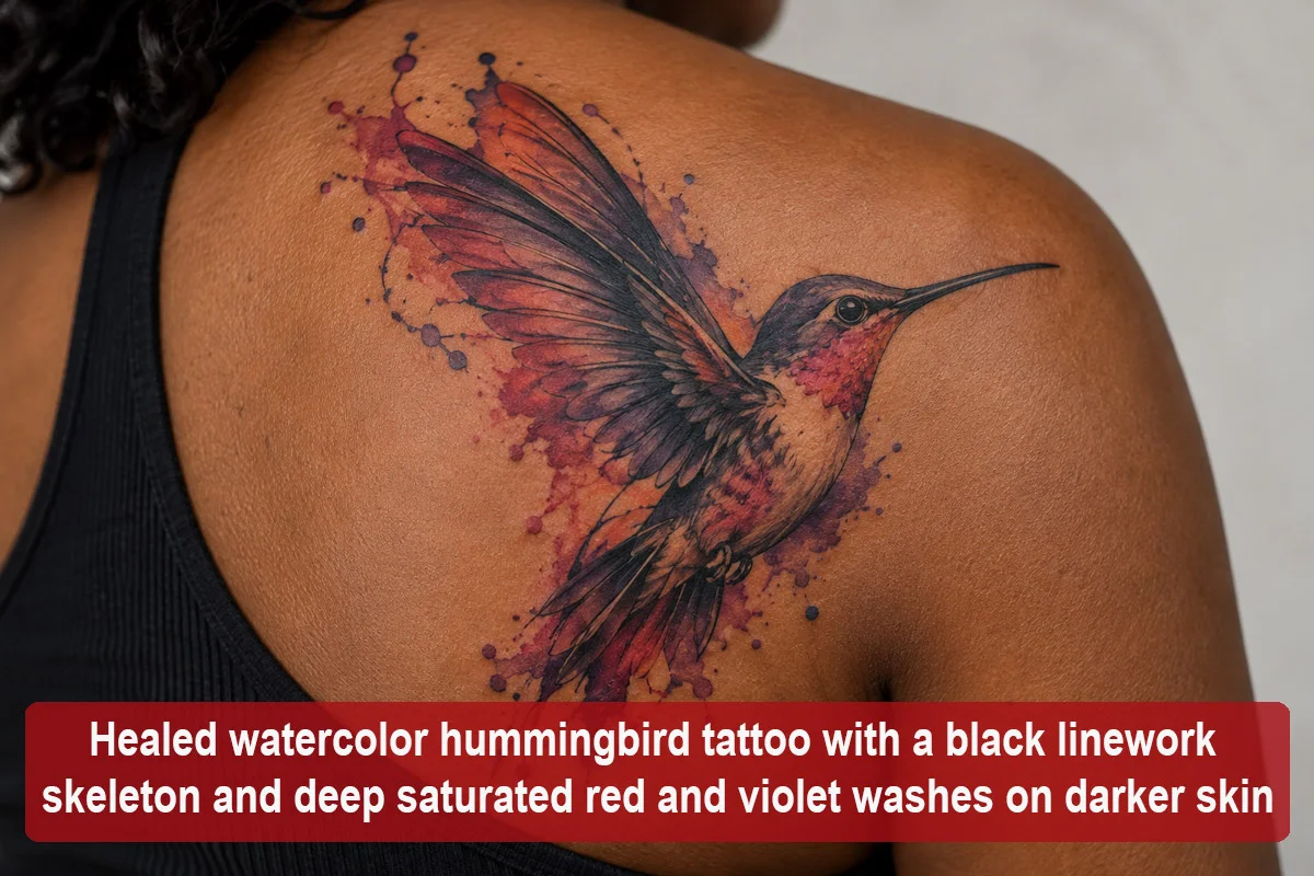 Healed watercolor hummingbird tattoo with a black linework skeleton and deep saturated red and violet washes on darker skin